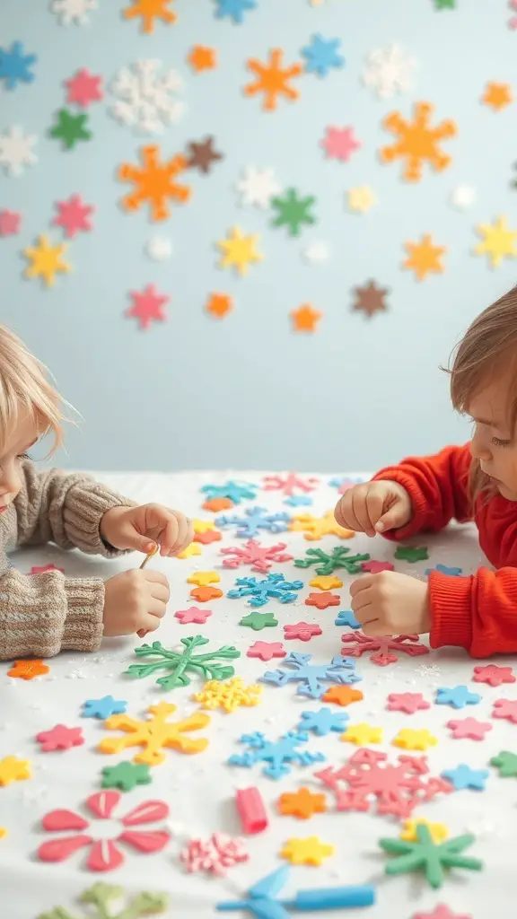 Two toddlers creating snowflake art with colorful foam shapes on a table.