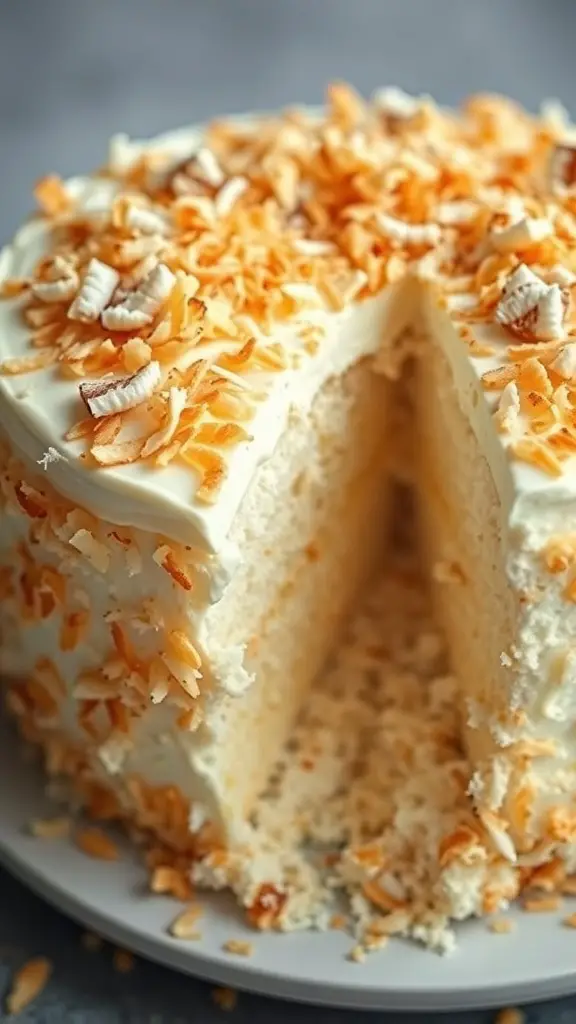 A beautifully layered Coconut Cream Cake topped with toasted coconut flakes, showcasing a slice cut out.