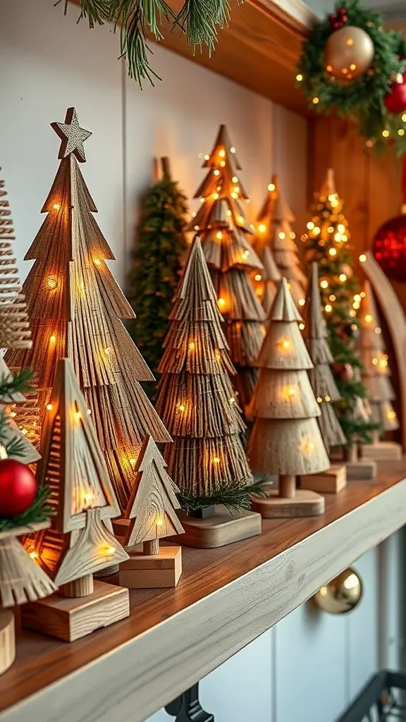 A collection of rustic wooden Christmas trees with warm lights on a shelf, surrounded by greenery and ornaments.