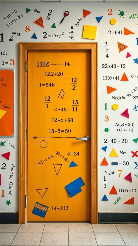 A classroom door decorated with mathematical symbols and colorful geometric shapes.