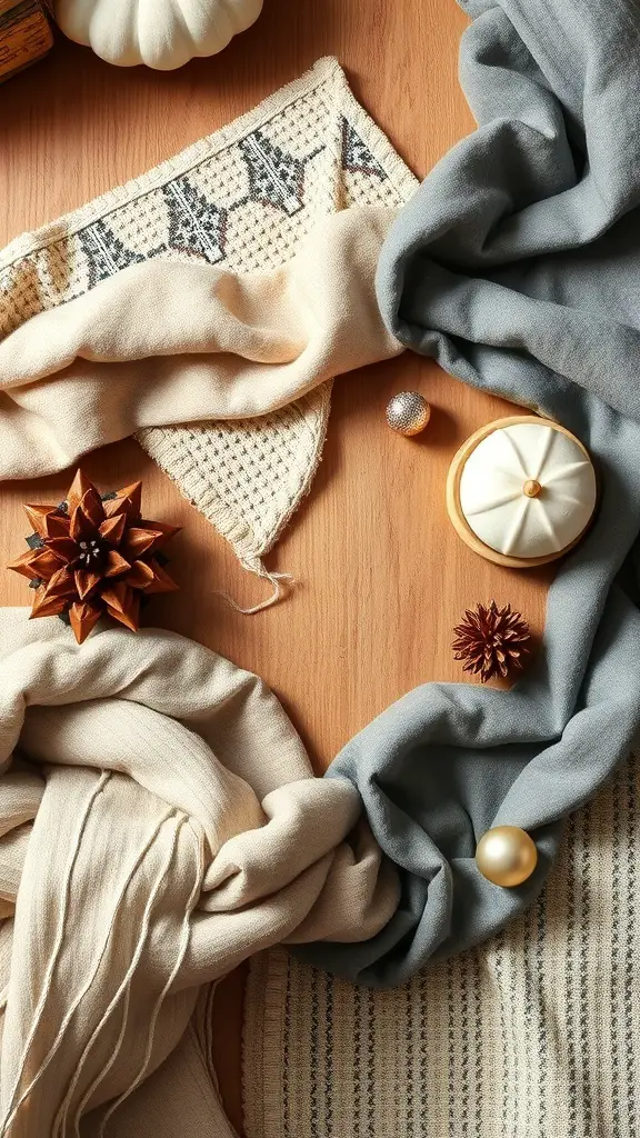 A cozy arrangement of fabrics and decorations on a coffee table, featuring soft textiles, natural elements, and festive ornaments.