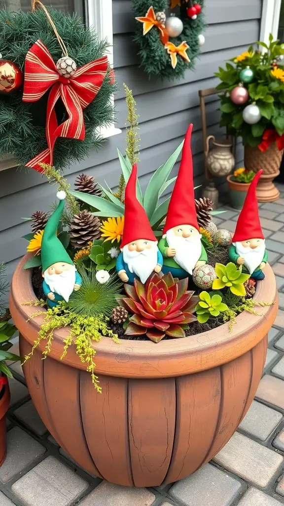 A whimsical gnome garden featuring colorful gnome figurines and various plants in a rustic barrel planter.