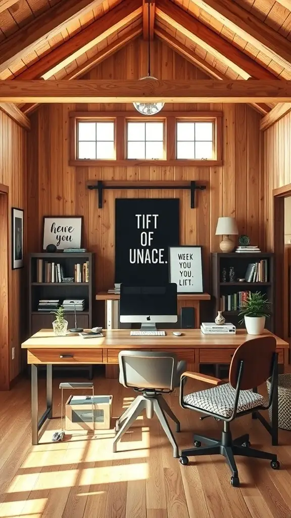 29+ Inspiring Barndominium Interior Ideas You’ll Love 8 A cozy home office in a barndominium featuring wooden walls, a spacious desk, and natural light.