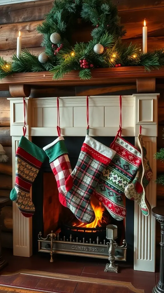 A cozy fireplace adorned with vintage Christmas stockings and a festive wreath.