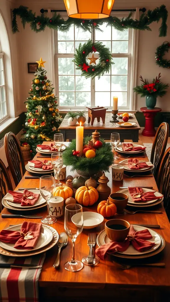 A beautifully set Christmas dinner table with festive decorations, candles, and a Christmas tree in the background.