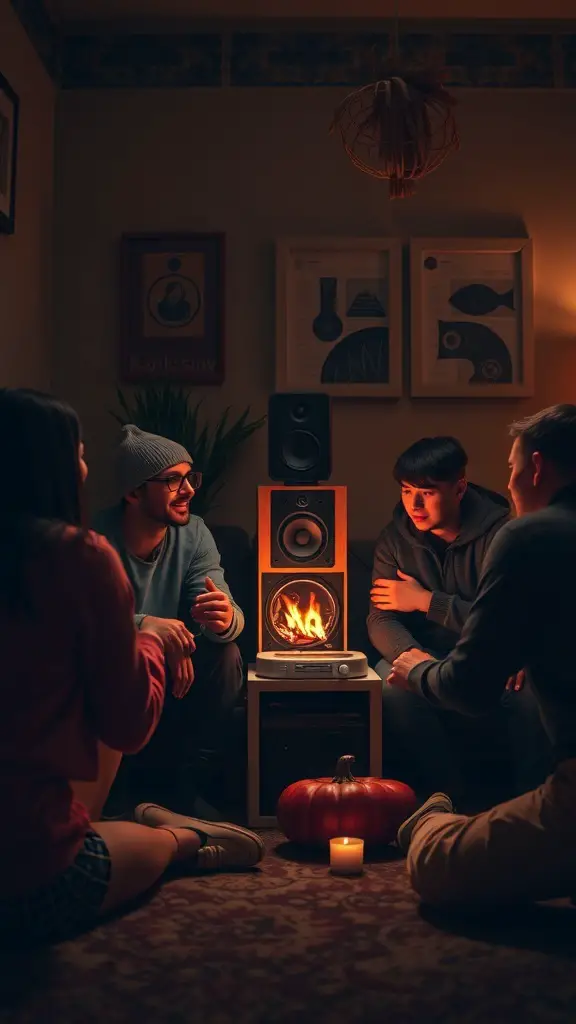 29+ Creative Thanksgiving Party Ideas to Celebrate in Style 14 Friends gathered around a speaker, enjoying music and each other's company during Thanksgiving.