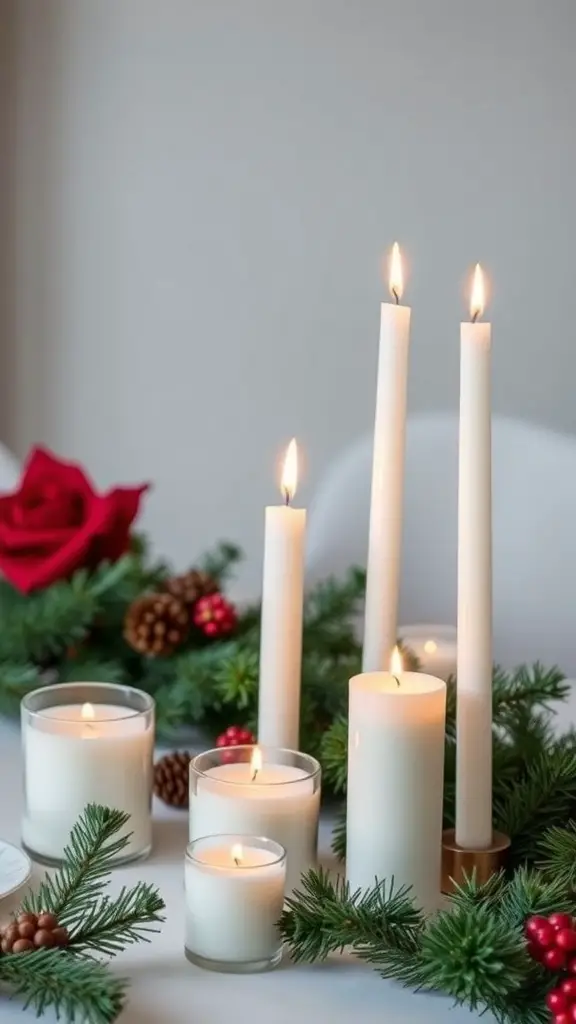 A minimalist candle arrangement with white candles and greenery.