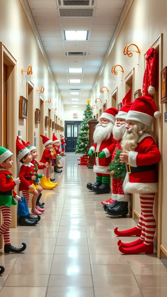 27+ Festive Christmas Hallway Ideas to Transform Your Home 10 A festive hallway decorated with playful elf and Santa figures, creating a cheerful Christmas atmosphere.