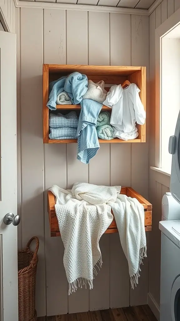 25+ Creative Wall Mounted Laundry Hamper Ideas for Space-Saving Solutions 8 Rustic wooden crate mounted on the wall holding folded laundry and a blanket draped over the edge.
