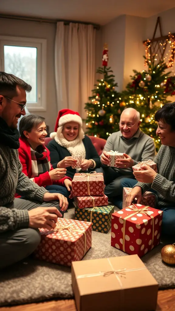 A group of people sitting together in a cozy living room, preparing for a Secret Santa gift exchange with wrapped presents and a Christmas tree.