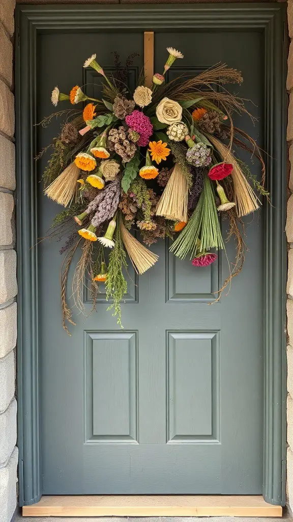 25+ Festive Christmas Swags Ideas for Your Front Door 10 A colorful dried flower swag hanging on a front door.