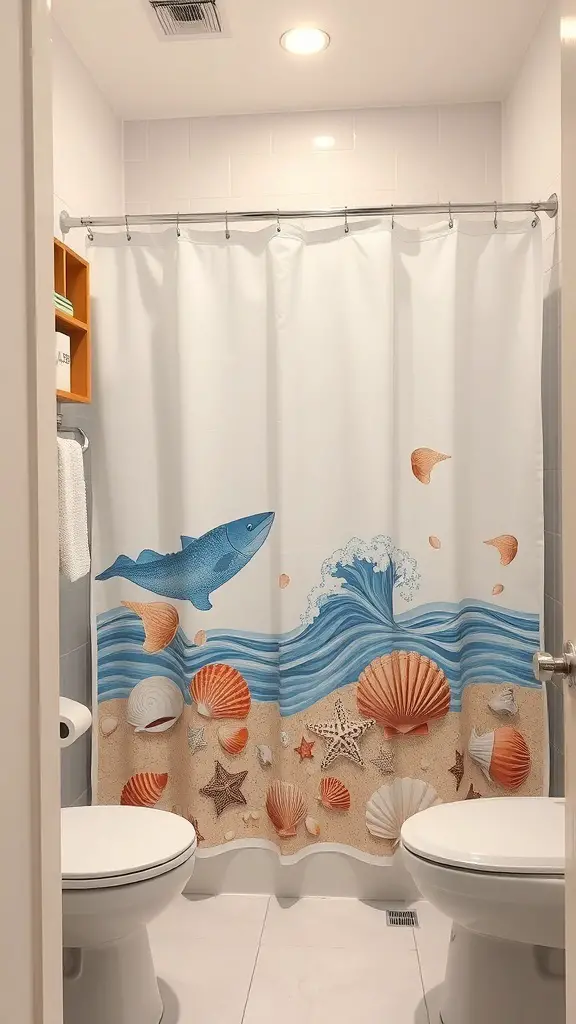 A coastal-themed shower curtain featuring a blue fish, waves, and seashells in a small bathroom.