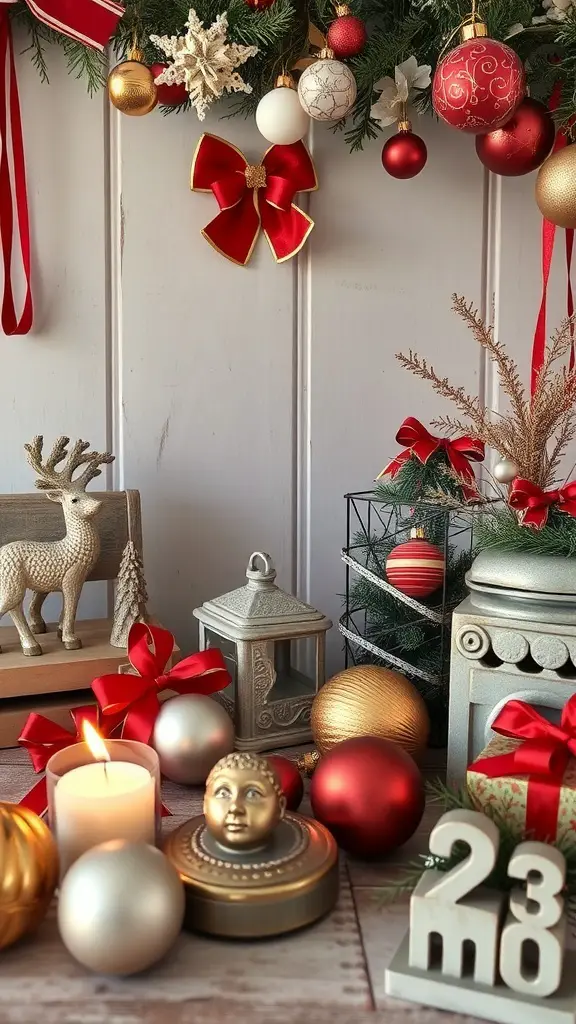 A festive arrangement featuring vintage glam Christmas decor with red and gold ornaments, a candle, and a reindeer figurine.
