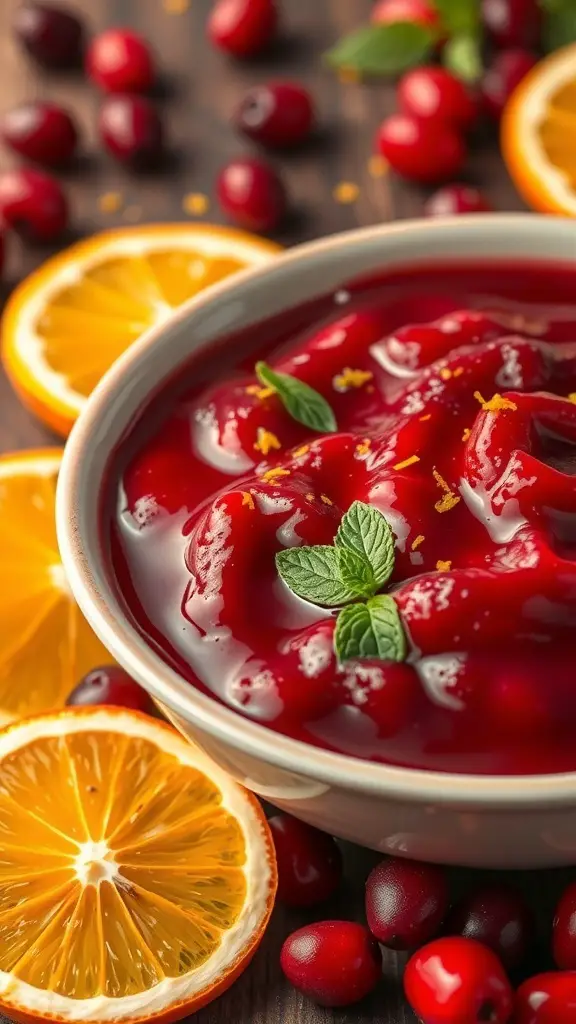 A bowl of cranberry sauce with orange zest, surrounded by fresh cranberries and orange slices.