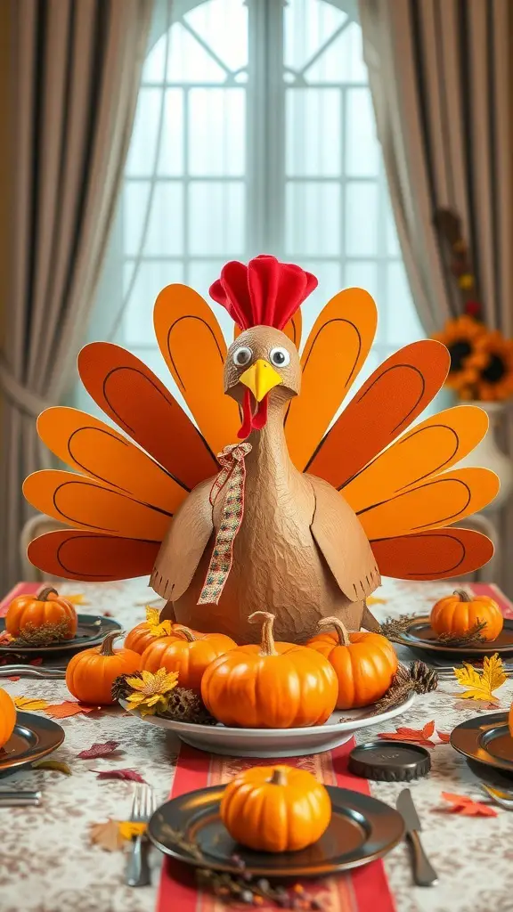 A whimsical turkey centerpiece made of paper with orange feathers, surrounded by small pumpkins on a Thanksgiving table.