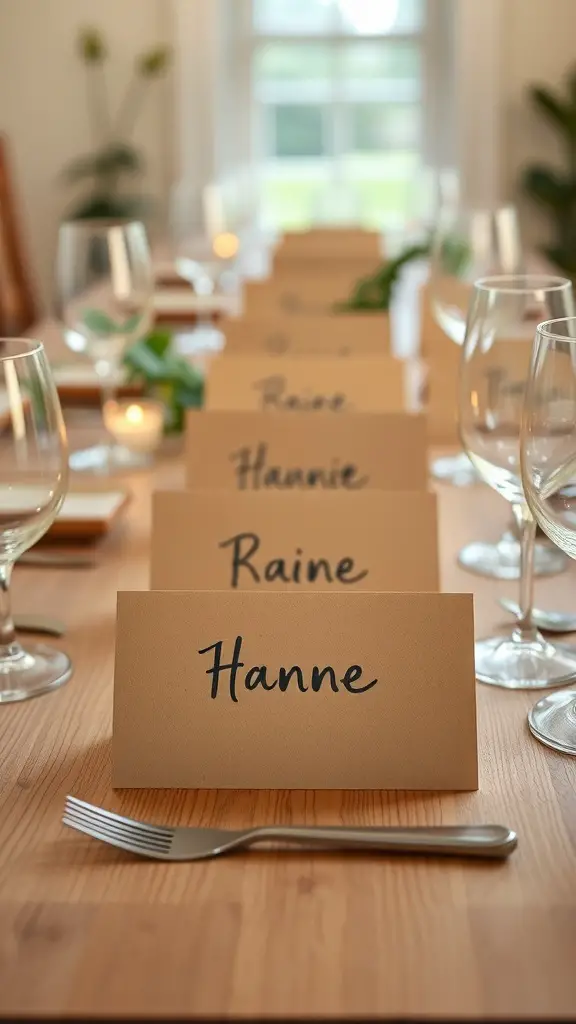 Farm-inspired place cards on a wooden table setting for Thanksgiving