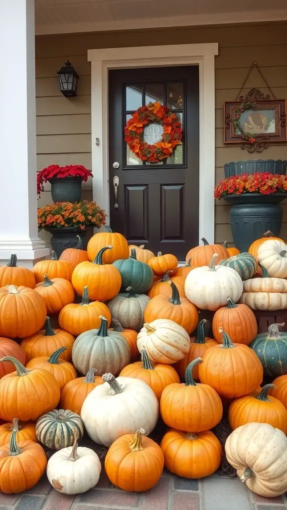A porch decorated with a variety of pumpkins and gourds, showcasing warm autumn colors.