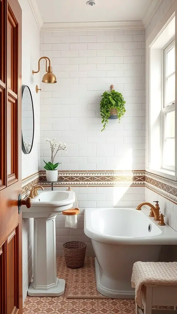 29+ Creative Wall Tile Accent Strip Ideas for Stunning Interiors 16 A vintage-inspired bathroom featuring white subway tiles, a decorative accent strip, a brass faucet, and plants.