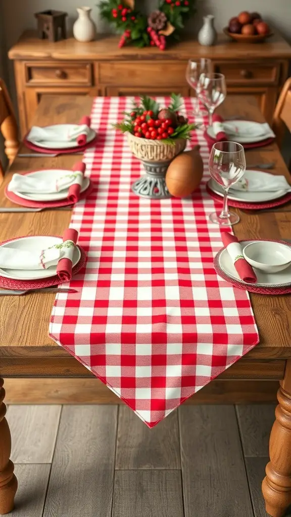 29+ Stunning Christmas Table Runner Ideas for a Festive Holiday Table 11 A dining table set with a red and white gingham check table runner, plates, glasses, and a festive centerpiece.
