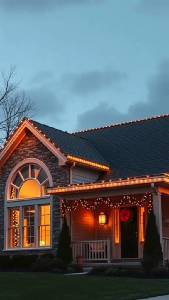 A house with warm orange roofline lights and holiday decorations.