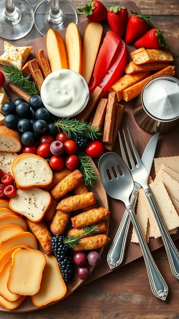 A beautifully arranged Christmas charcuterie board with themed serving utensils.
