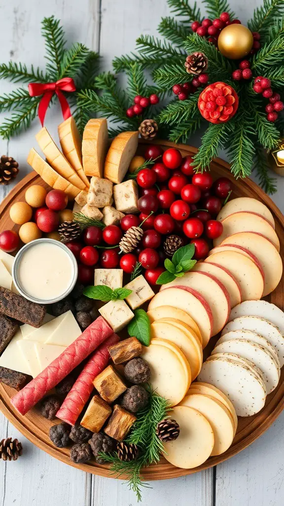 27+ Creative Christmas Party Ideas for Adults 13 A festive charcuterie board featuring various cheeses, meats, fruits, and decorative greenery for a Christmas party.