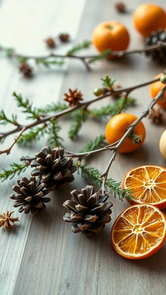 A festive arrangement of pinecones, greenery, and oranges on a wooden surface.