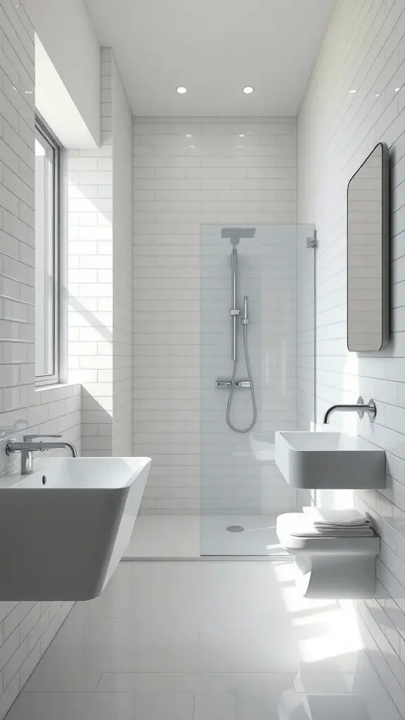 25+ Chic White Bathroom Ideas for a Timeless Look 6 A minimalist bathroom featuring white tiles, a freestanding bathtub, a wall-mounted sink, and a glass shower enclosure.