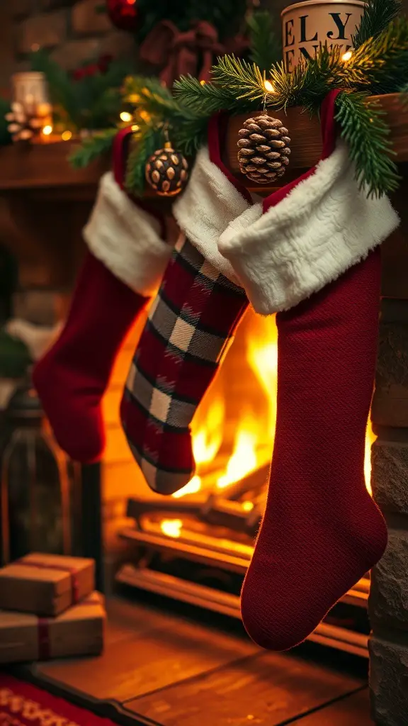 Cozy flannel stockings hanging by a fireplace, decorated with pinecones and greenery.