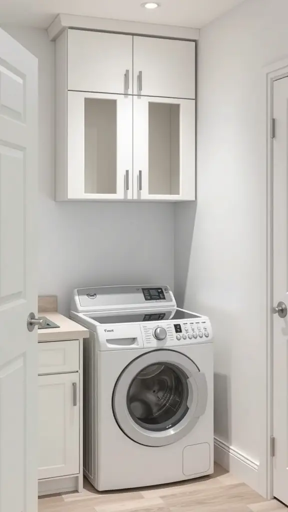27+ Creative Small Space Solutions for Top Loader Laundry Rooms 4 A small laundry room featuring a top loader washer and dryer with overhead cabinets for storage.