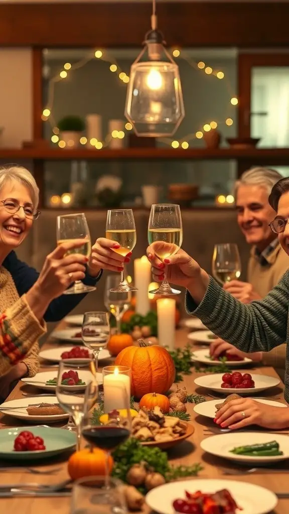 A group of people toasting with glasses at a Thanksgiving dinner table, surrounded by food and decorations.