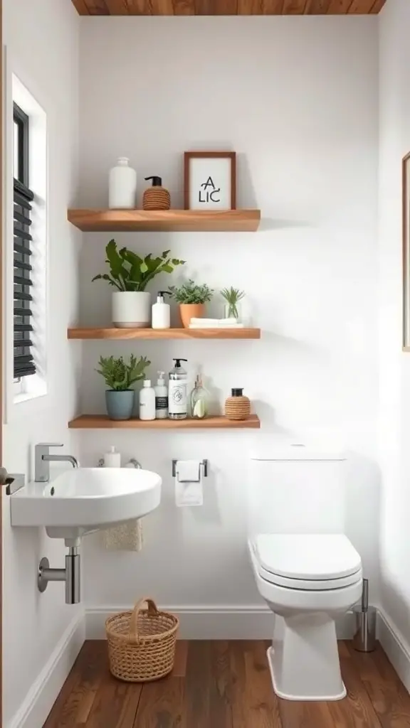 A rustic bathroom with custom built-in wooden shelves displaying plants and toiletries.