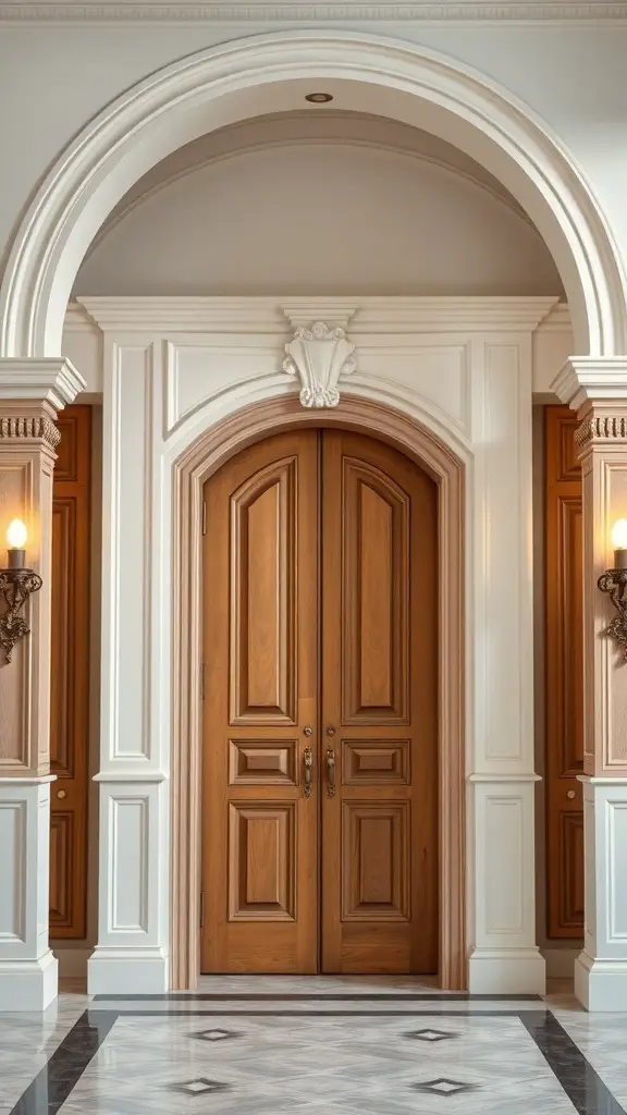 25+ Stylish Wall Trim Ideas to Enhance Your Home Decor 16 Elegant entryway with intricate architrave details framing double wooden doors.