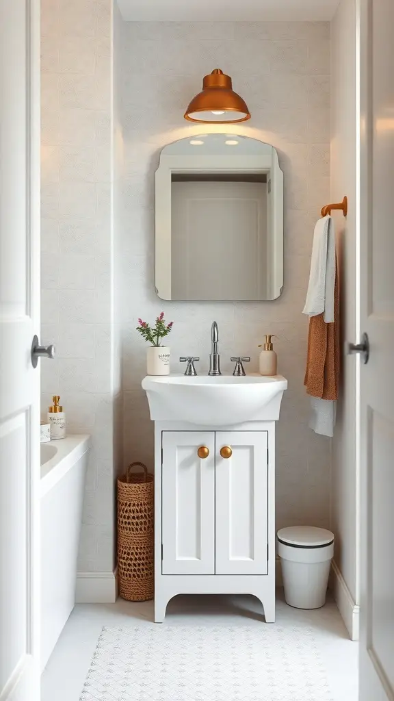 29+ Stunning Tiny Bathroom Layouts for Small Spaces 10 Compact bathroom with a white vanity, round mirror, and copper light fixture.