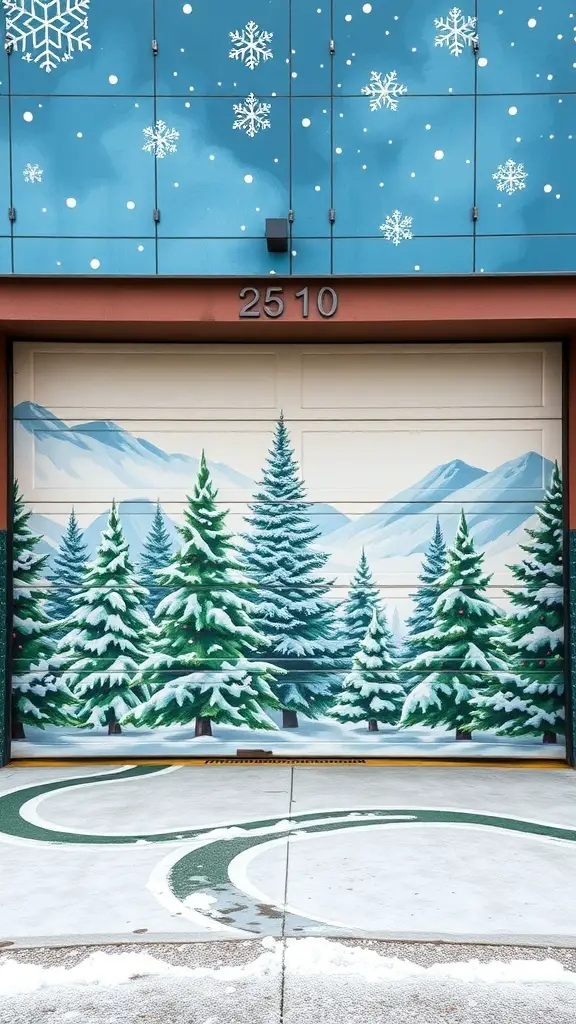 29+ Creative Garage Door Christmas Decorations You'll Love 7 A garage door mural featuring snow-covered evergreen trees and snowflakes against a blue sky.