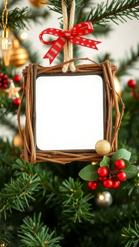 A rustic photo frame ornament hanging on a Christmas tree, decorated with a red bow and berries.