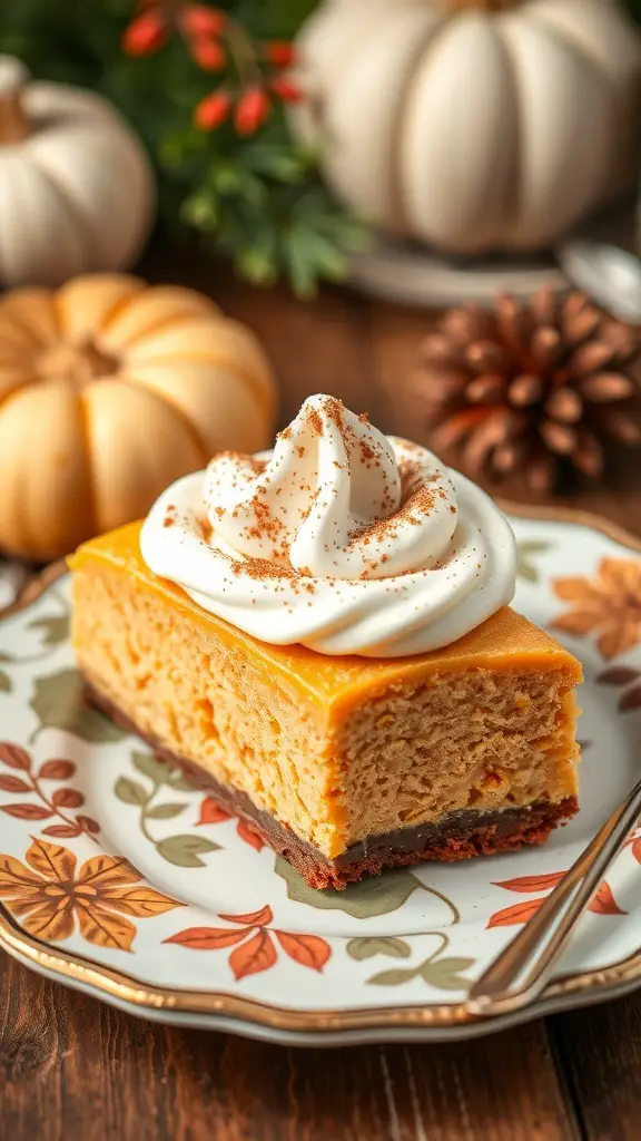25+ Delicious Thanksgiving Desserts Perfect for a Crowd 7 A slice of pumpkin cheesecake bar topped with whipped cream and cinnamon on a decorative plate, surrounded by autumn-themed decorations.