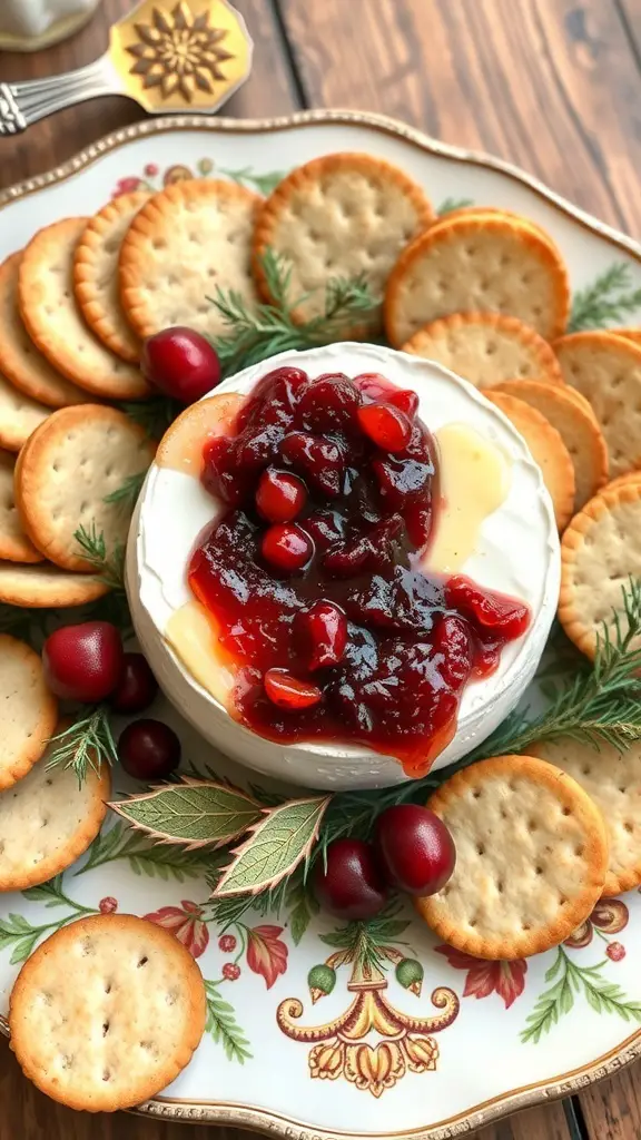 Baked Brie topped with cranberry chutney surrounded by crackers and garnished with herbs