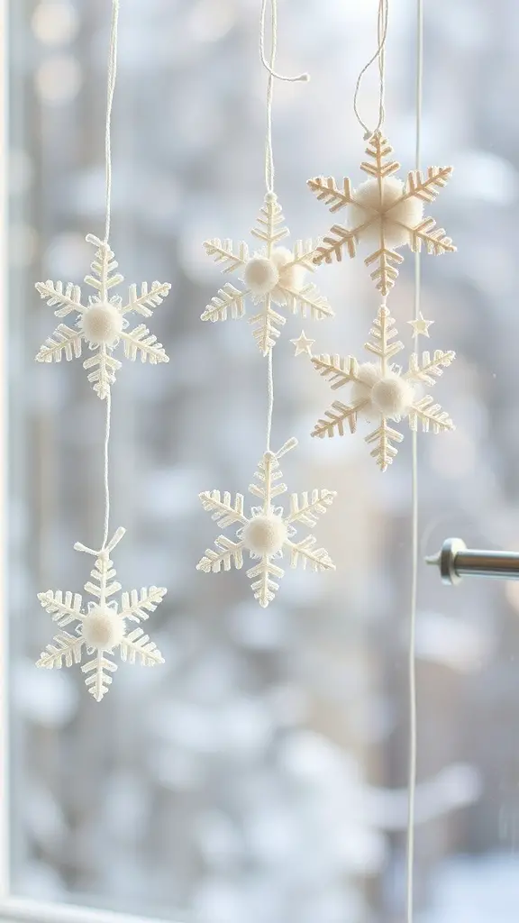 Cotton ball snowflakes hanging in a window