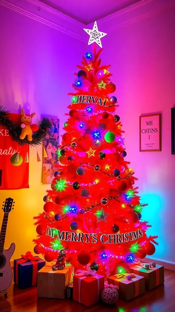 A bright red Christmas tree decorated with neon colors, ornaments, and lights, surrounded by colorful gift boxes.