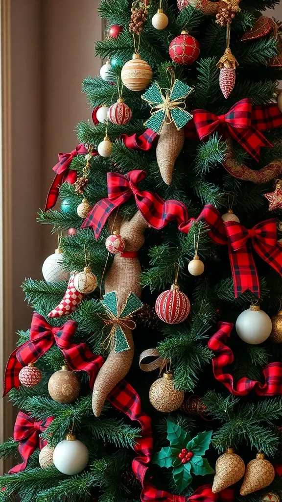 A rustic Christmas tree decorated with red and green ornaments and ribbons.