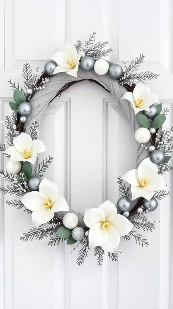 A silver and white wreath featuring flowers, ornaments, and greenery.