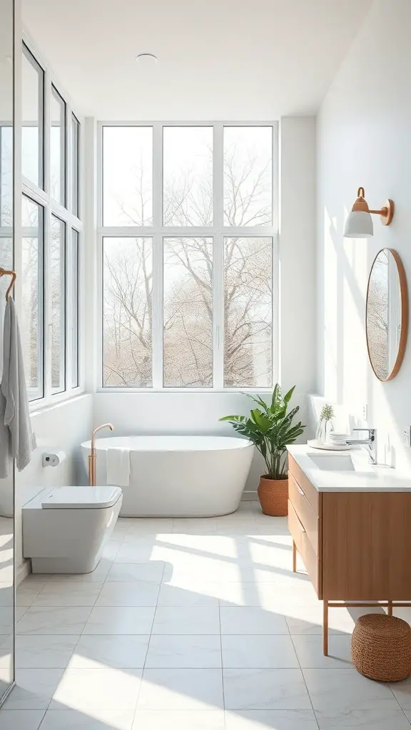 21+ Timeless Bathroom Ideas You’ll Love 8 A bright and airy bathroom with large windows, a freestanding tub, and plants.