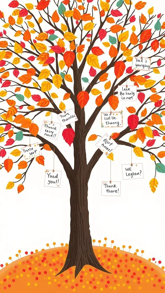 A colorful tree with autumn leaves and hanging notes expressing gratitude.