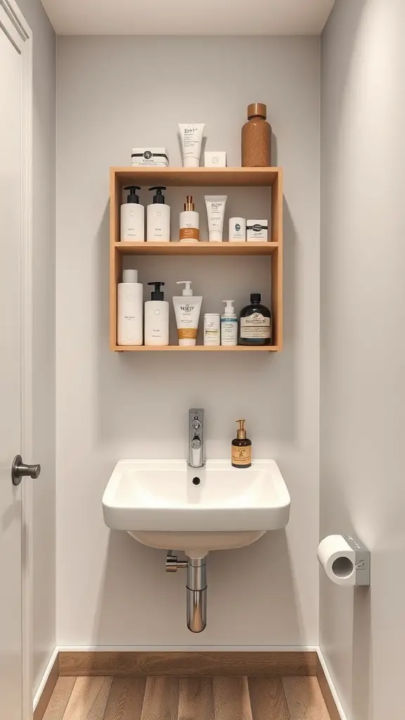 Stylish wall-mounted storage in a small bathroom featuring a wooden shelf with skincare products.