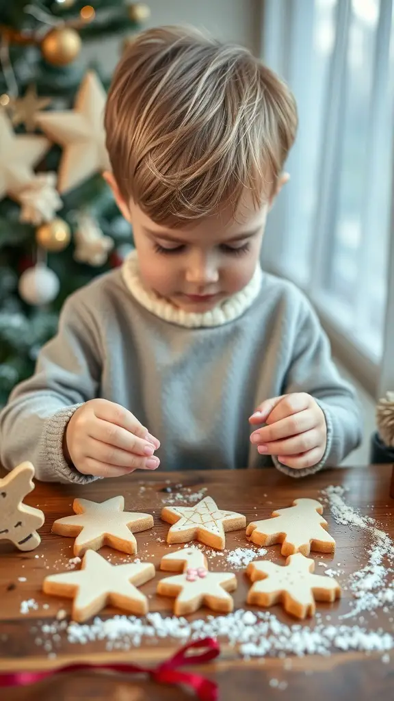 A young child decorating salt dough ornaments on a wooden table.