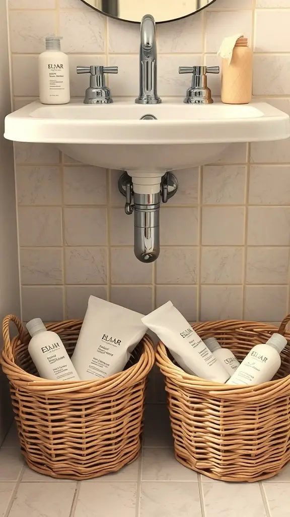 29+ Creative Bathroom Under Sink Organization Ideas You Need to Try 12 Two woven baskets under a bathroom sink holding skincare products.