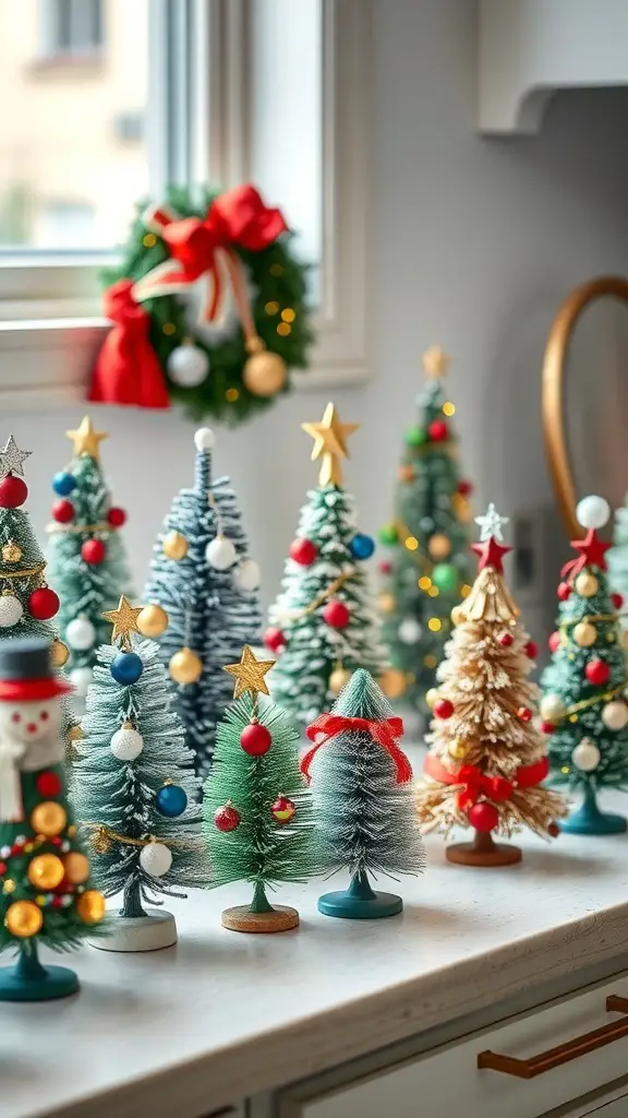 A collection of colorful miniature Christmas trees on a countertop, decorated with ornaments and stars.