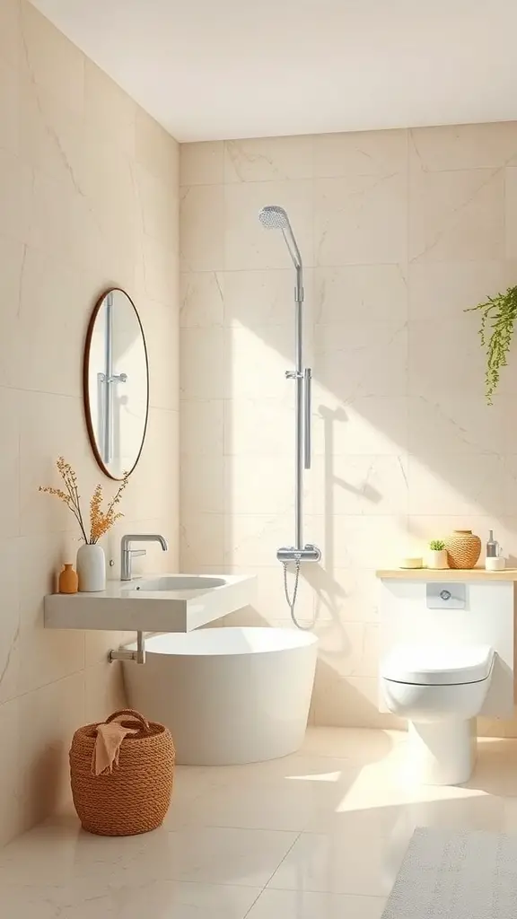 23+ Chic Neutral Toned Bathroom Ideas for a Serene Space 7 A modern bathroom featuring soft beige wall treatments, a round mirror, and sleek fixtures.