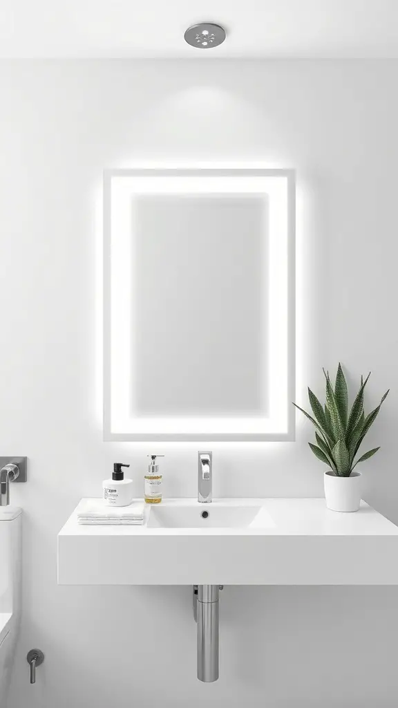 29+ Stylish Small Bathroom Mirror Ideas to Elevate Your Space 7 A modern bathroom featuring a backlit mirror above a sleek sink with a potted plant.